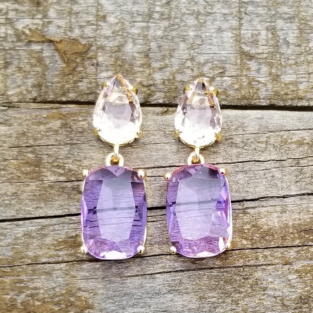 14k Gold Purple Alexandrite & Pink Tourmaline Stud Earrings, Alexandrite Dangle - Picture 4 of 7